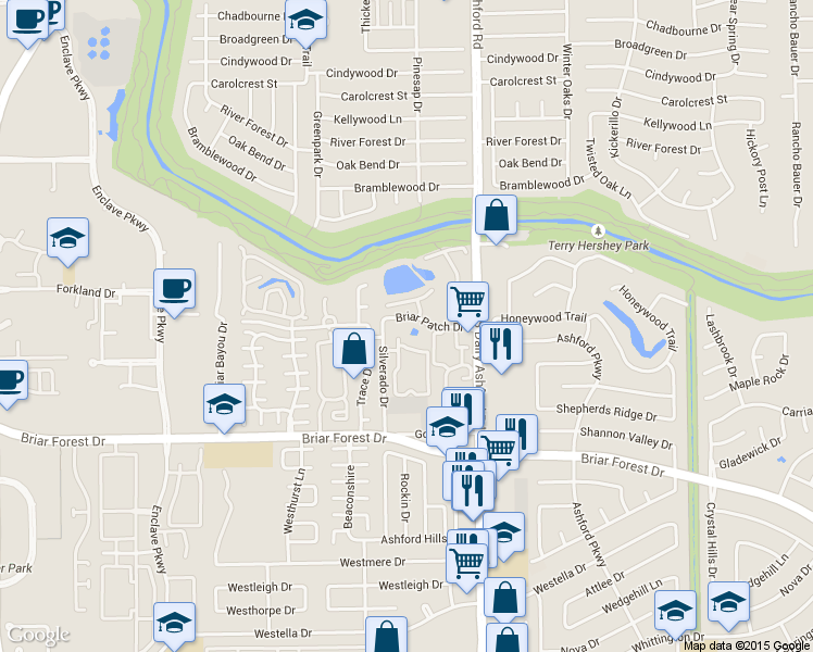 map of restaurants, bars, coffee shops, grocery stores, and more near 12623 Briar Patch Drive in Houston