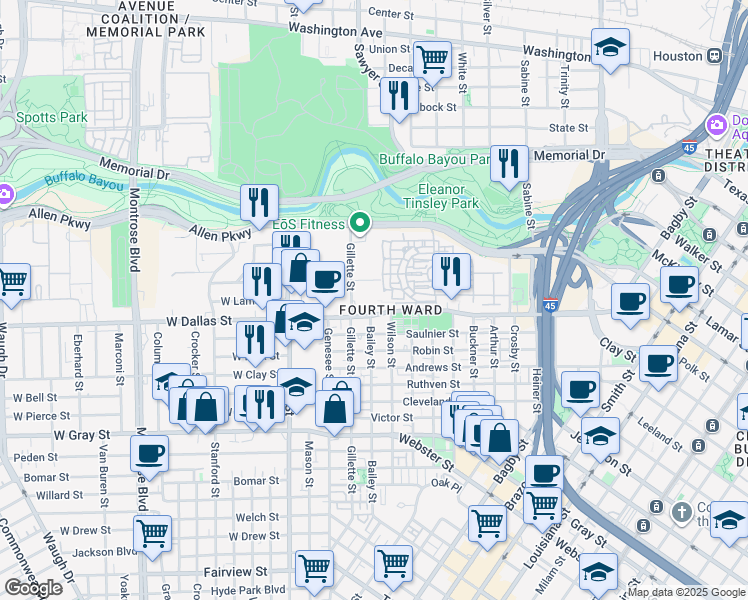 map of restaurants, bars, coffee shops, grocery stores, and more near 919 Gillette Street in Houston