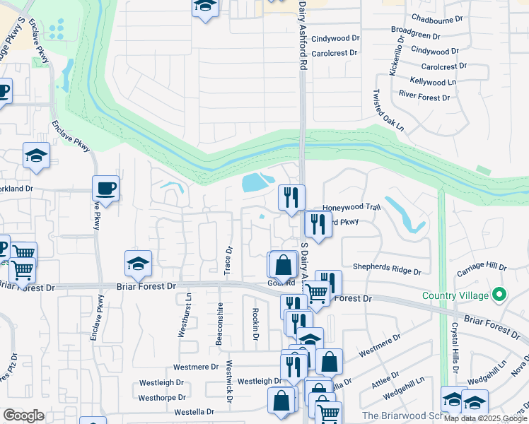 map of restaurants, bars, coffee shops, grocery stores, and more near 12623 Briar Patch Drive in Houston