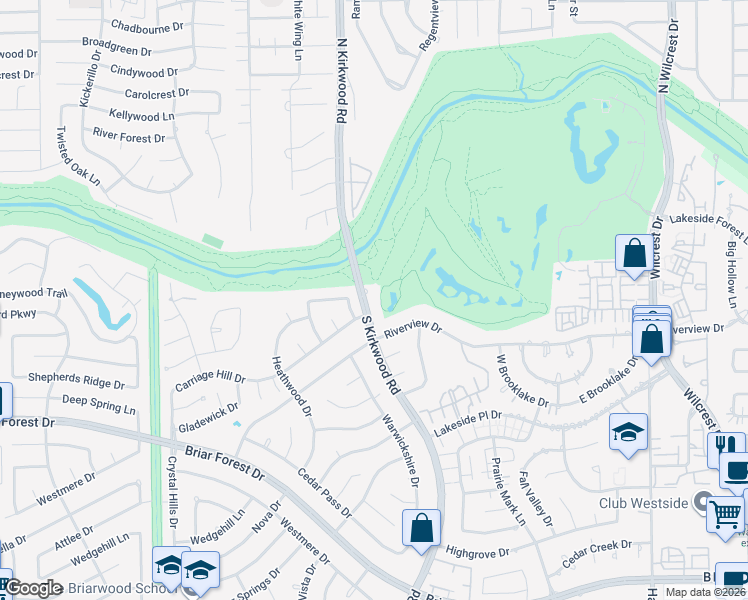map of restaurants, bars, coffee shops, grocery stores, and more near 11814 Castle Ridge Drive in Houston