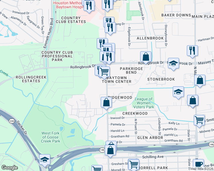 map of restaurants, bars, coffee shops, grocery stores, and more near 3404 Garth Road in Baytown