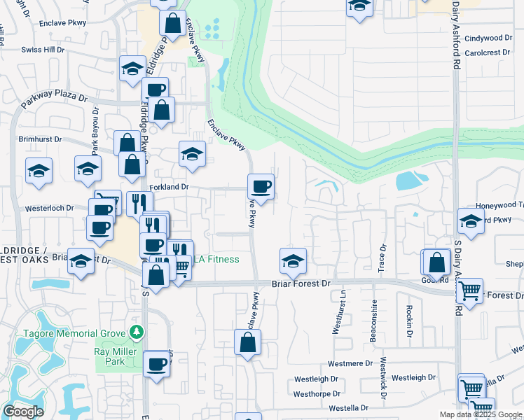 map of restaurants, bars, coffee shops, grocery stores, and more near 1401 Enclave Parkway in Houston