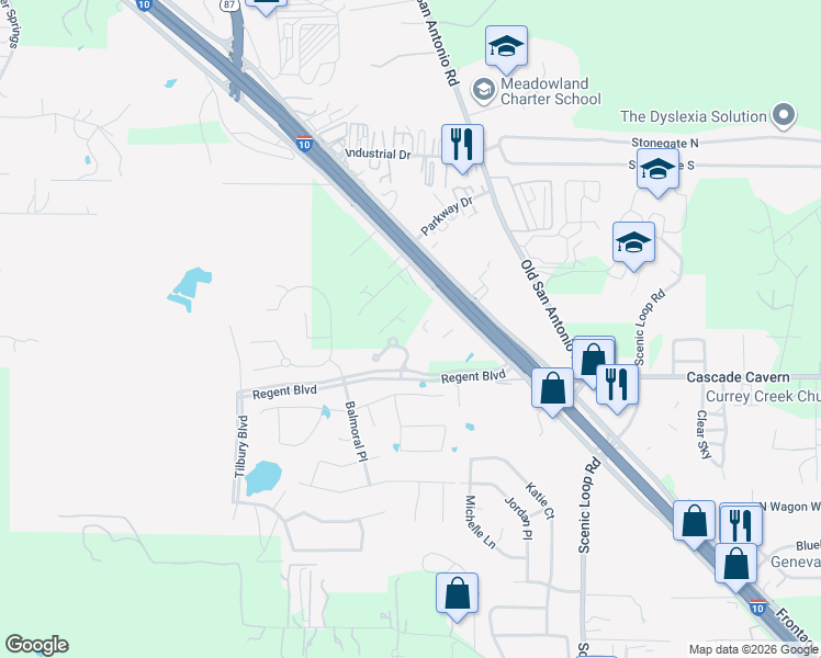 map of restaurants, bars, coffee shops, grocery stores, and more near 32251 Frontage Road in Boerne