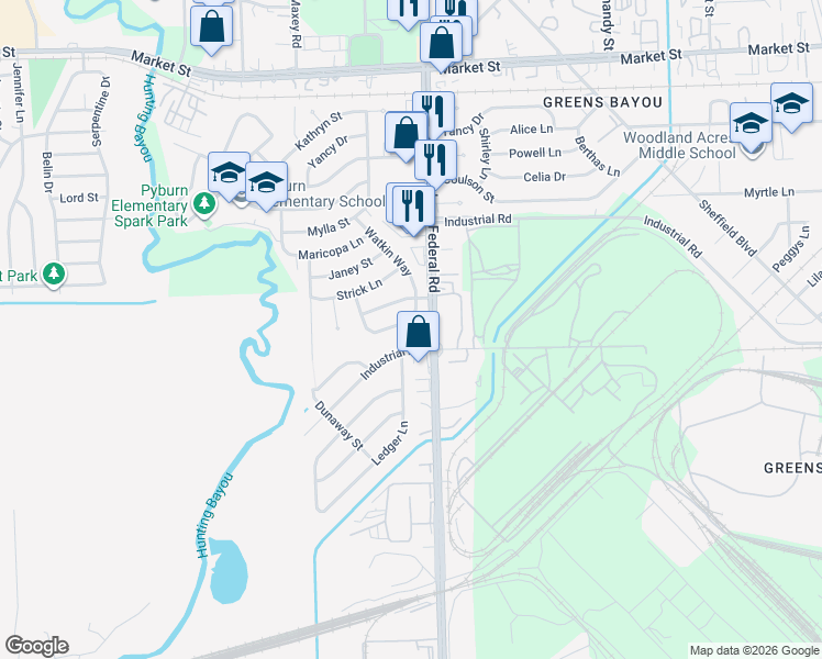 map of restaurants, bars, coffee shops, grocery stores, and more near 12480 Parkey Lane in Houston