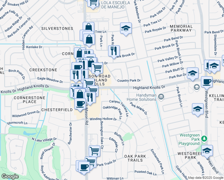 map of restaurants, bars, coffee shops, grocery stores, and more near 1602 Rustic Hollow Lane in Katy