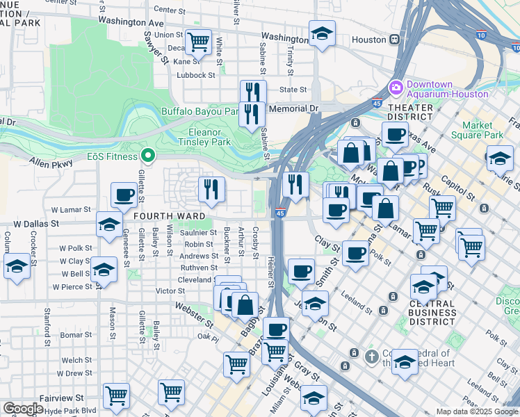 map of restaurants, bars, coffee shops, grocery stores, and more near 820 Crosby Street in Houston