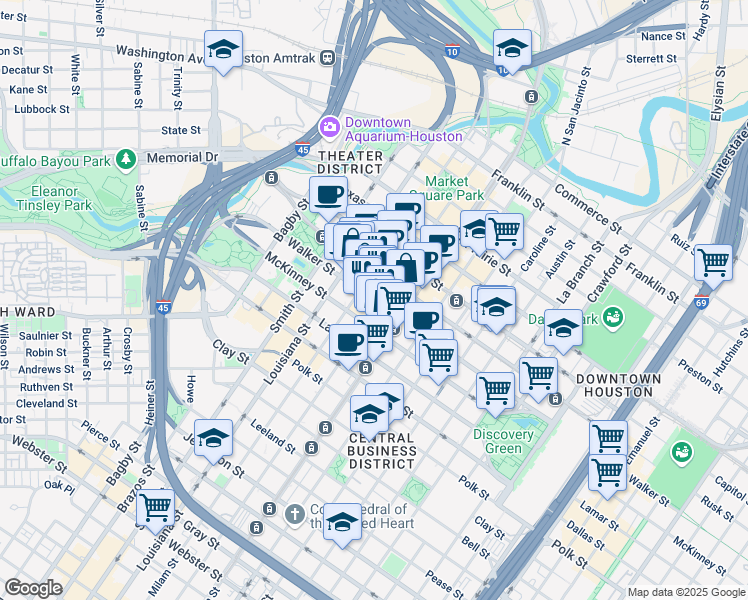 map of restaurants, bars, coffee shops, grocery stores, and more near 910 Travis Street in Houston