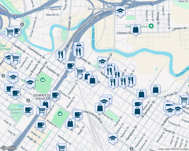 map of restaurants, bars, coffee shops, grocery stores, and more near 2311 Canal Street in Houston