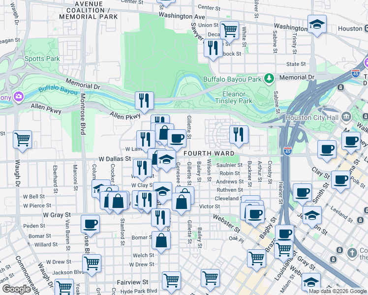 map of restaurants, bars, coffee shops, grocery stores, and more near 1616 West Dallas Street in Houston
