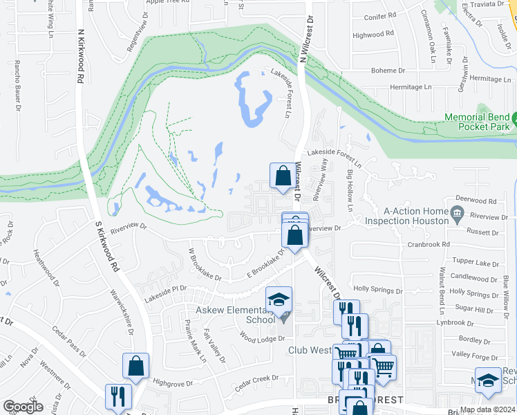 map of restaurants, bars, coffee shops, grocery stores, and more near 442 Wilcrest Drive in Houston
