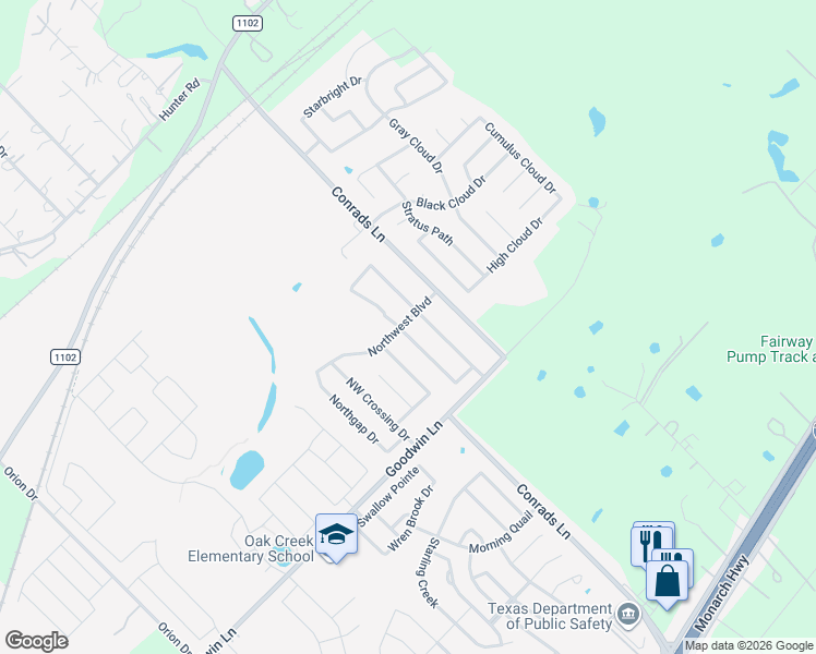 map of restaurants, bars, coffee shops, grocery stores, and more near 668 Crosspoint Drive in New Braunfels