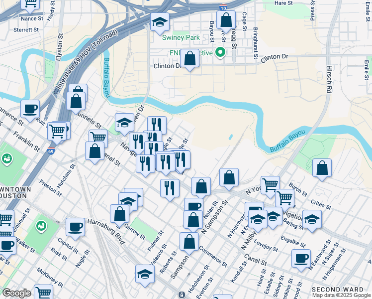 map of restaurants, bars, coffee shops, grocery stores, and more near 608h Middle Street in Houston
