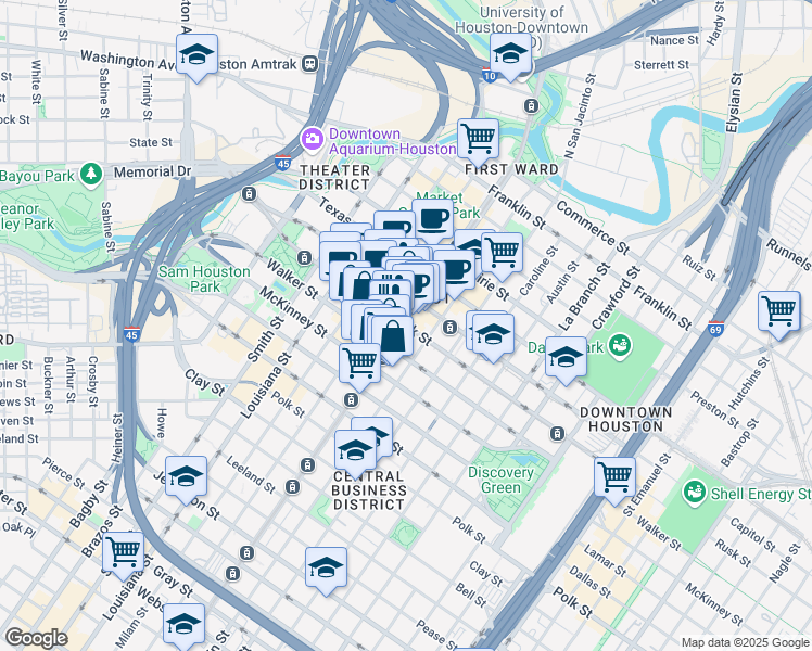 map of restaurants, bars, coffee shops, grocery stores, and more near 802 Main Street in Houston