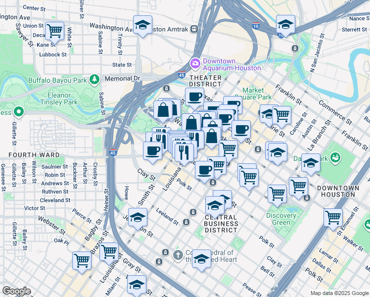 map of restaurants, bars, coffee shops, grocery stores, and more near in Houston
