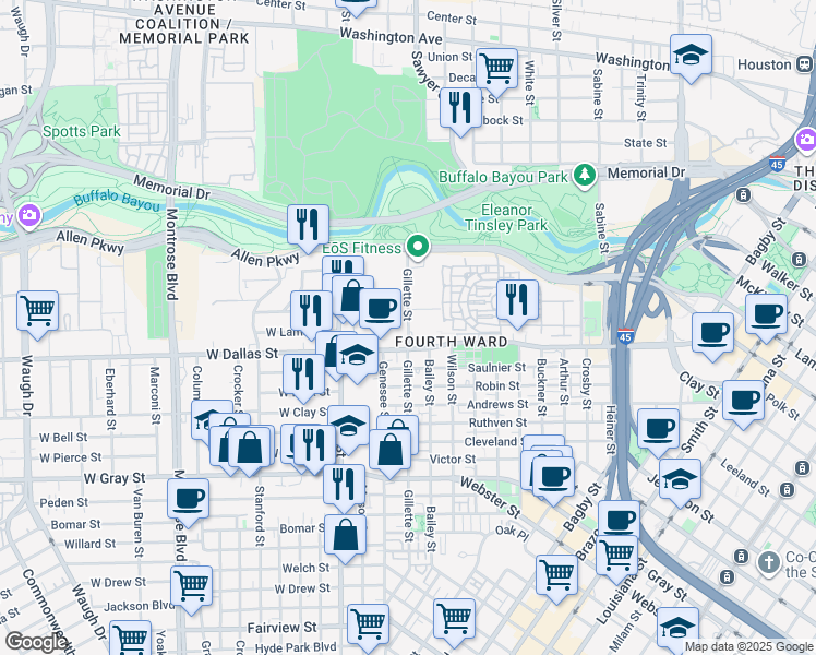 map of restaurants, bars, coffee shops, grocery stores, and more near 812 Gillette Street in Houston