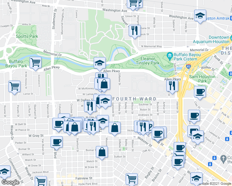 map of restaurants, bars, coffee shops, grocery stores, and more near 812 Gillette Street in Houston