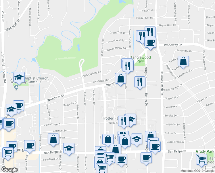map of restaurants, bars, coffee shops, grocery stores, and more near 5981 Woodway Drive in Houston