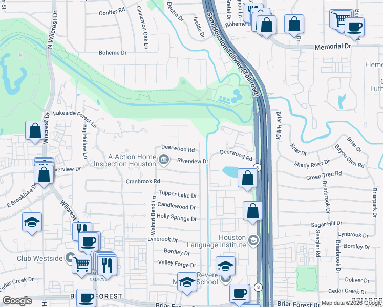 map of restaurants, bars, coffee shops, grocery stores, and more near 10605 Deerwood Road in Houston