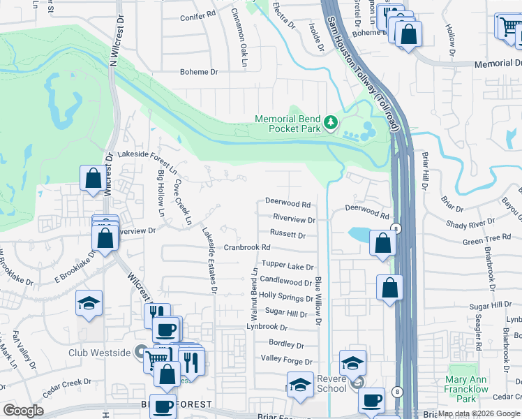 map of restaurants, bars, coffee shops, grocery stores, and more near 10722 Riverview Drive in Houston