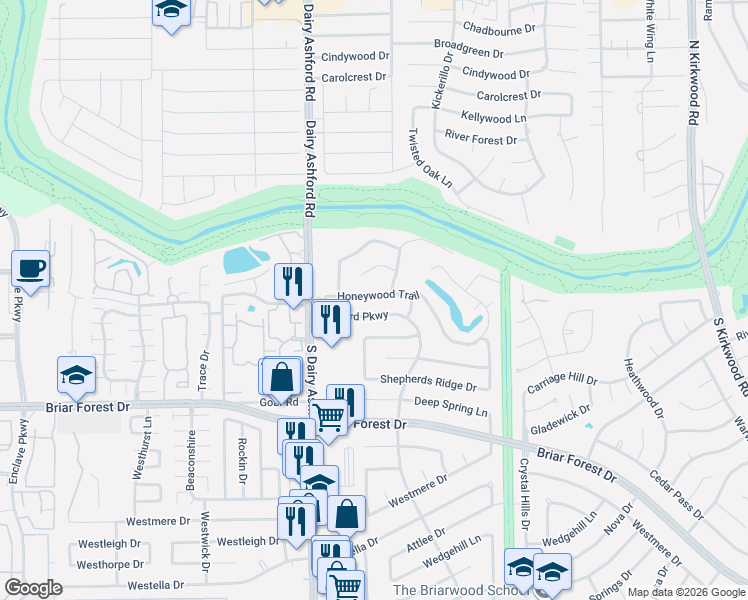 map of restaurants, bars, coffee shops, grocery stores, and more near 12535 Honeywood Trail in Houston