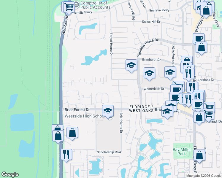 map of restaurants, bars, coffee shops, grocery stores, and more near 14215 Heatherhill Place in Houston