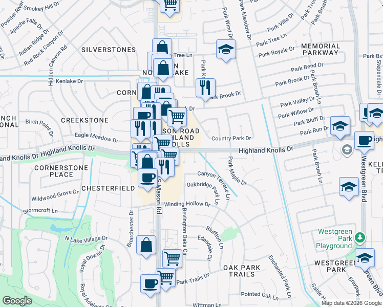 map of restaurants, bars, coffee shops, grocery stores, and more near 1702 Park Ridge Drive in Katy