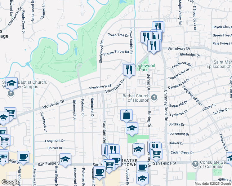 map of restaurants, bars, coffee shops, grocery stores, and more near 5978 Woodway Place Court in Houston