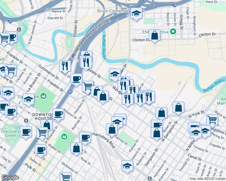 map of restaurants, bars, coffee shops, grocery stores, and more near 2311 Canal Street in Houston