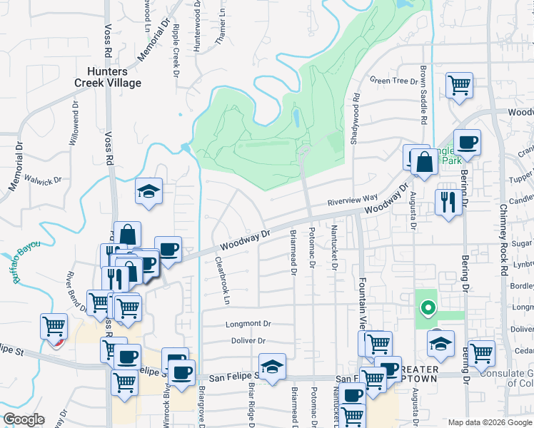 map of restaurants, bars, coffee shops, grocery stores, and more near 6134 Riverview Way in Houston