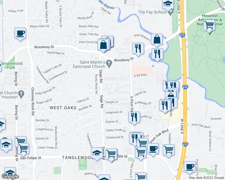 map of restaurants, bars, coffee shops, grocery stores, and more near 16A West Oak Drive in Houston