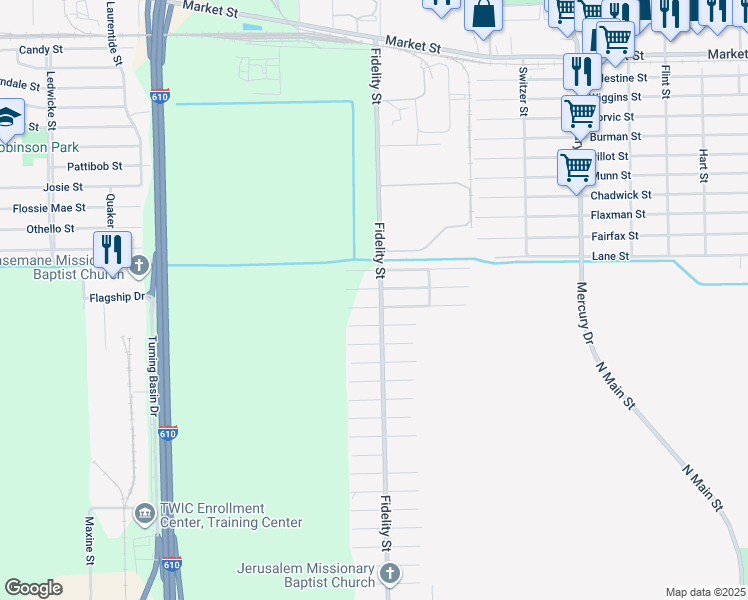 map of restaurants, bars, coffee shops, grocery stores, and more near 3603 Fidelity Street in Houston