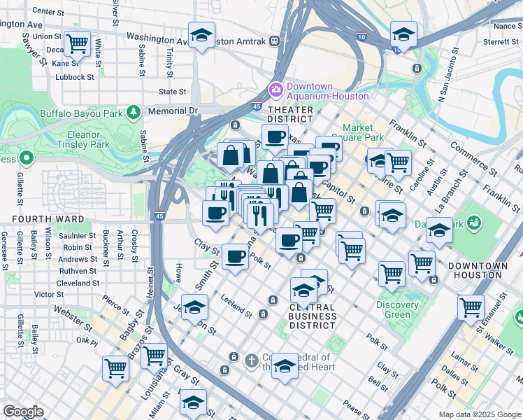 map of restaurants, bars, coffee shops, grocery stores, and more near 1000 Louisiana Street in Houston