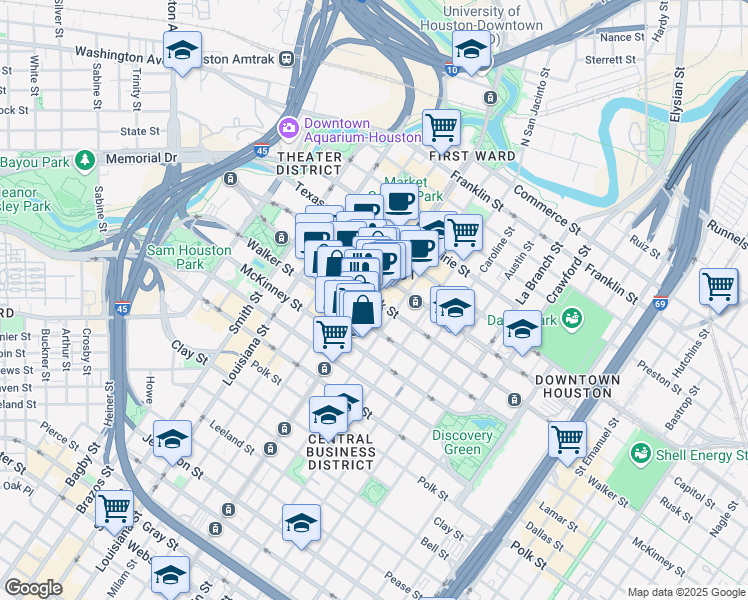 map of restaurants, bars, coffee shops, grocery stores, and more near 801 Main street in Houston