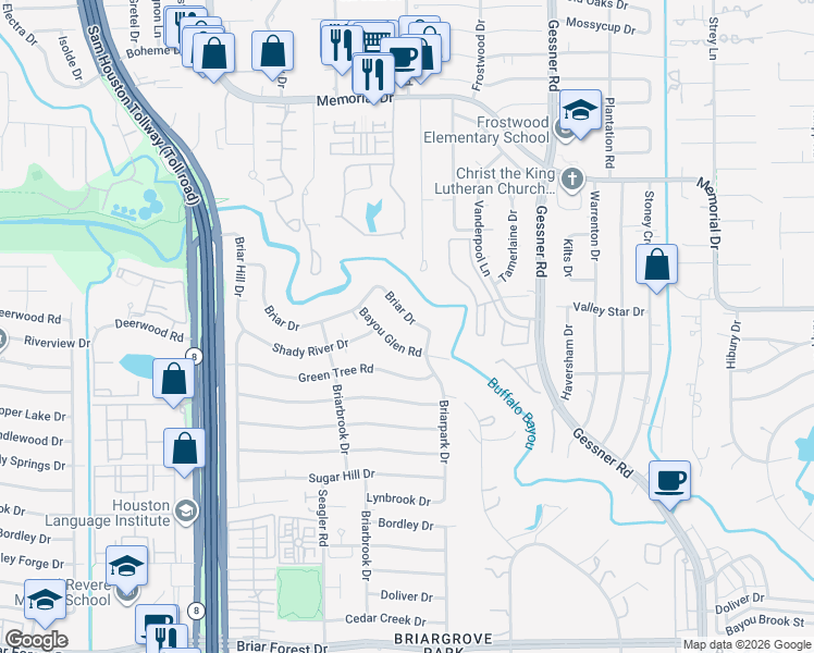 map of restaurants, bars, coffee shops, grocery stores, and more near 10015 Briar Drive in Houston