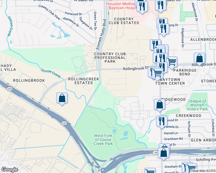 map of restaurants, bars, coffee shops, grocery stores, and more near 2323 Spring Hollow Drive in Baytown