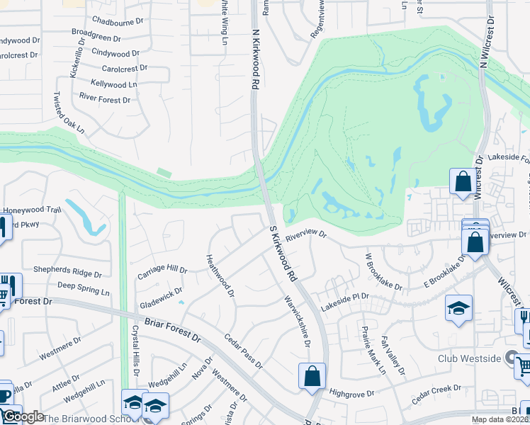 map of restaurants, bars, coffee shops, grocery stores, and more near 11814 Castle Ridge Dr in Houston