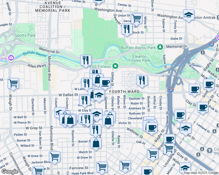 map of restaurants, bars, coffee shops, grocery stores, and more near 812 Gillette Street in Houston