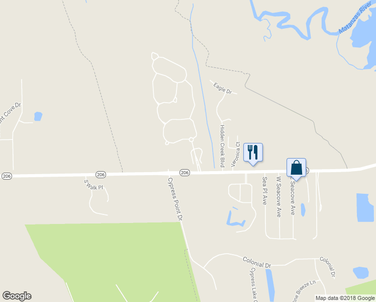 map of restaurants, bars, coffee shops, grocery stores, and more near 105 Needle Palm Drive in St. Augustine
