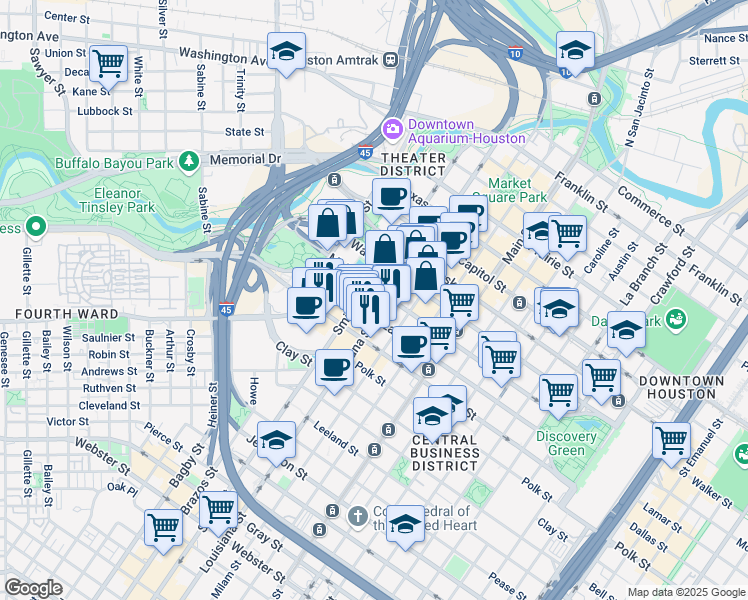 map of restaurants, bars, coffee shops, grocery stores, and more near in Houston