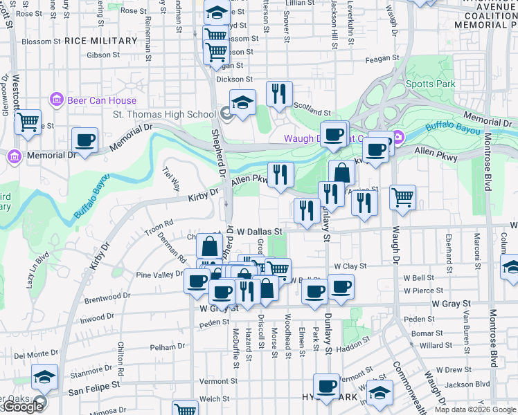 map of restaurants, bars, coffee shops, grocery stores, and more near 801-899 Marston St in Houston