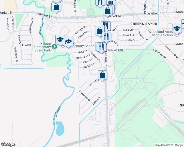 map of restaurants, bars, coffee shops, grocery stores, and more near 12441 Parkey Lane in Houston