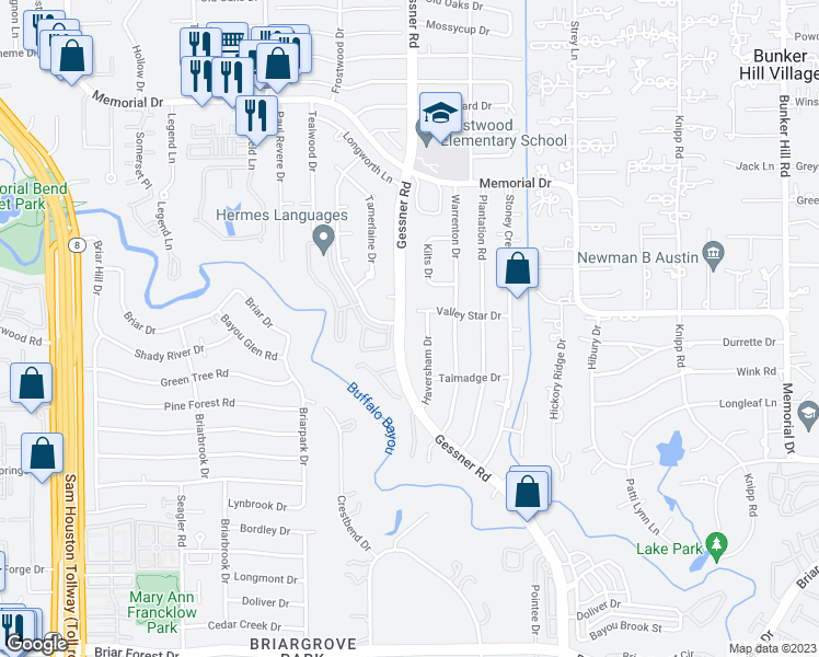 map of restaurants, bars, coffee shops, grocery stores, and more near 167 Haversham Drive in Houston