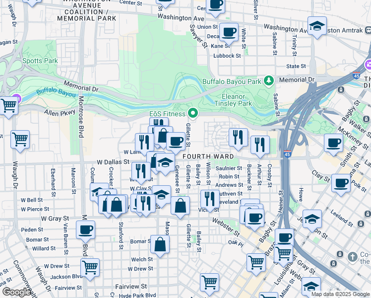 map of restaurants, bars, coffee shops, grocery stores, and more near 812 Gillette Street in Houston