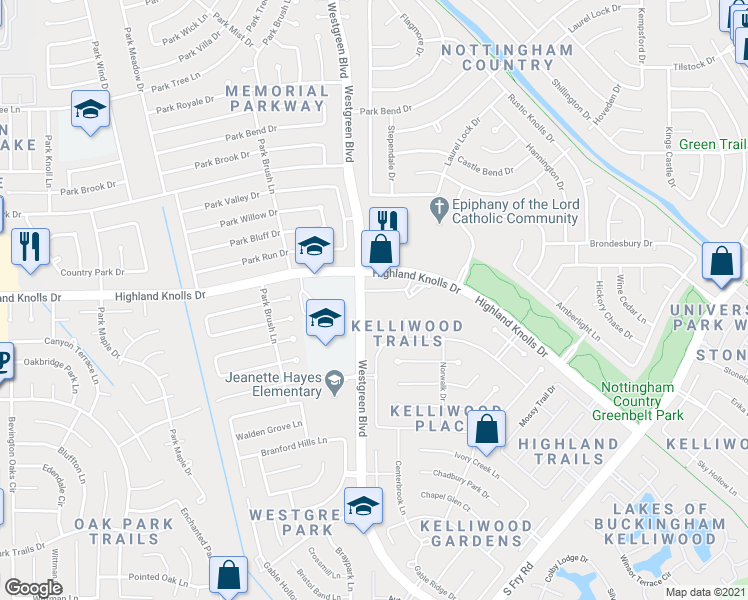 map of restaurants, bars, coffee shops, grocery stores, and more near 1771 Westgreen Boulevard in Katy