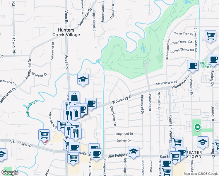 map of restaurants, bars, coffee shops, grocery stores, and more near 815 Wild Valley Road in Houston