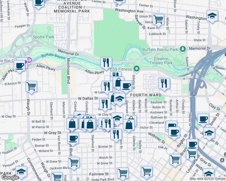 map of restaurants, bars, coffee shops, grocery stores, and more near 1908 West Lamar Street in Houston