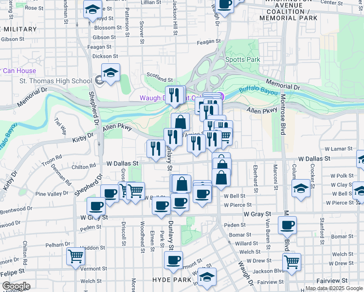 map of restaurants, bars, coffee shops, grocery stores, and more near 3501 Allen Parkway in Houston