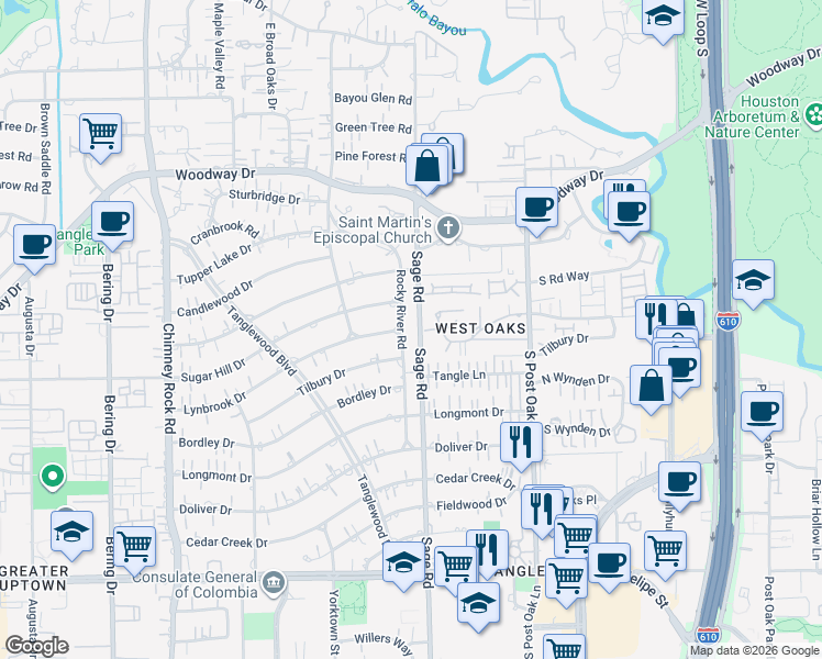 map of restaurants, bars, coffee shops, grocery stores, and more near 1587 Sage Road in Houston