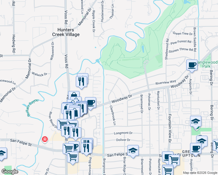 map of restaurants, bars, coffee shops, grocery stores, and more near 815 Wild Valley Road in Houston