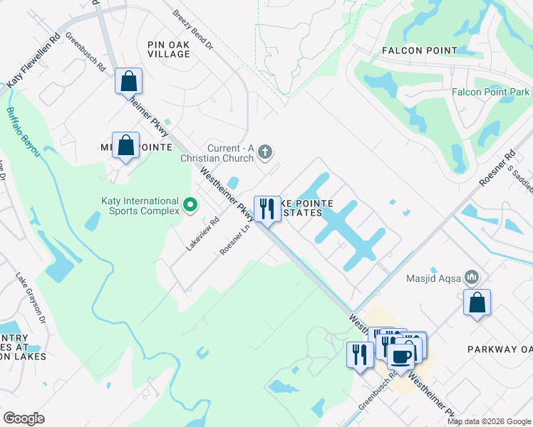 map of restaurants, bars, coffee shops, grocery stores, and more near 2210 Britton Ridge Drive in Katy